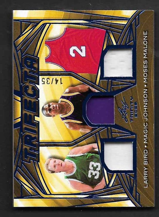 Bird, Larry  Johnson, Magic  Malone, Moses 2025 Leaf trifecta game jerseys 14/35  CELTICS LAKERS SIXERS