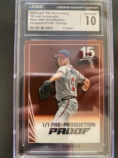 Maddux, Greg 2025 Leaf 15th anniversary 1/1  CGC 10  #90agm1  BRAVES CUBS
